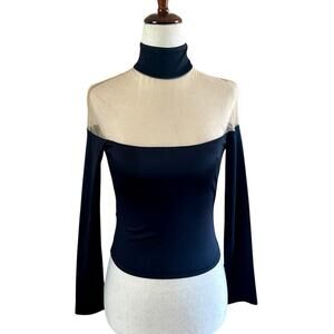 Alice + Olivia $295 Festive Velvet & Mesh Mock Neck Crop Top Black/Nude XS NWT